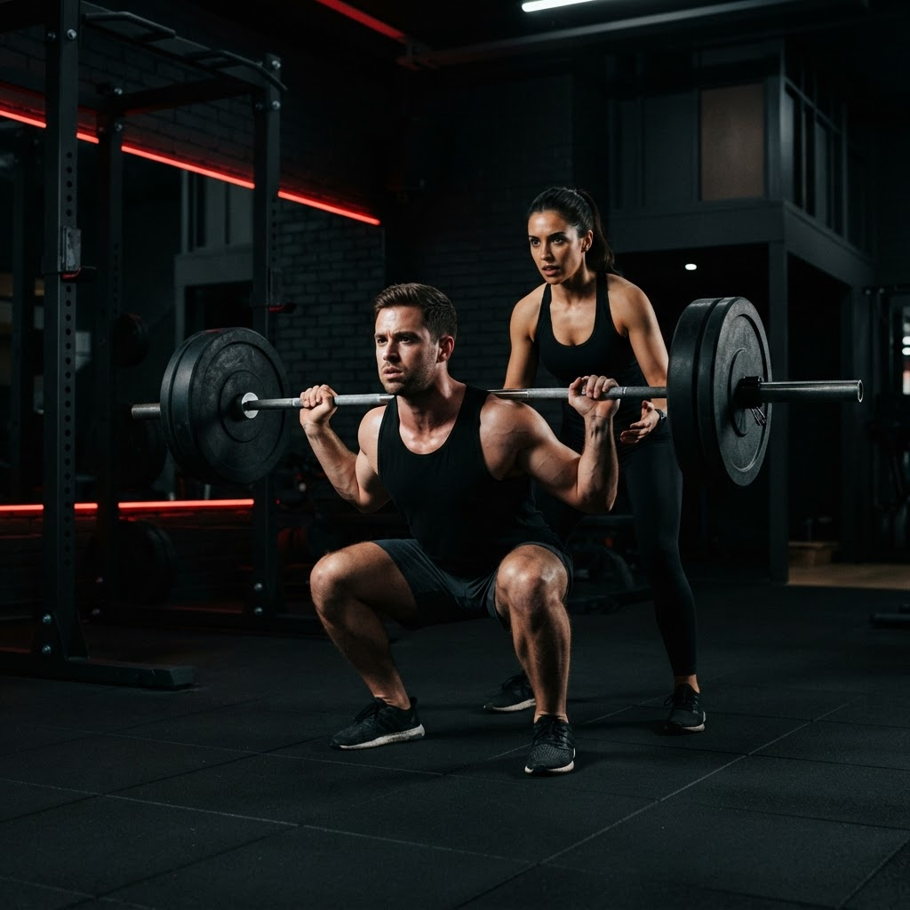 Personal trainer coaching an athlete during strength training